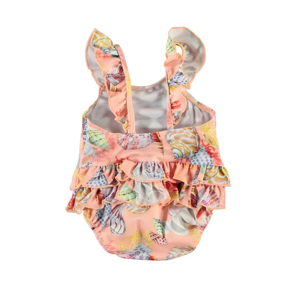 Molo Baby Girl Nakia Sea Treasure One Piece Swimsuit Orange Seashell Ruffle 3-6M